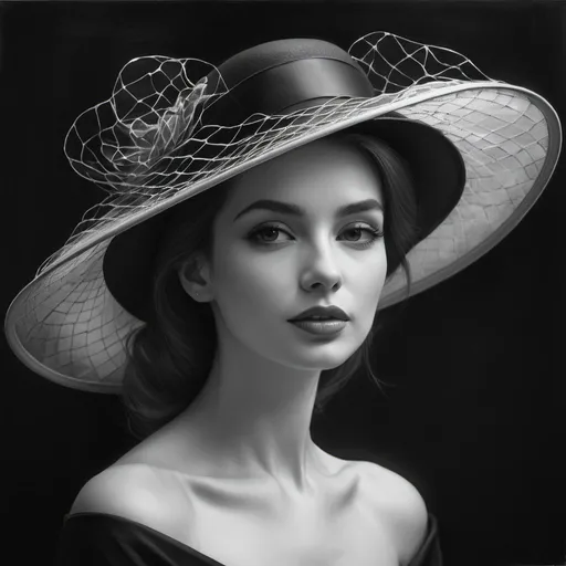 Prompt: Beautiful, elegant  stylish lady black hat with a delicate net, high fashion,  oil painting, sophisticated, classic, highres, vintage, elegant, refined, professional lighting, black and white tones
