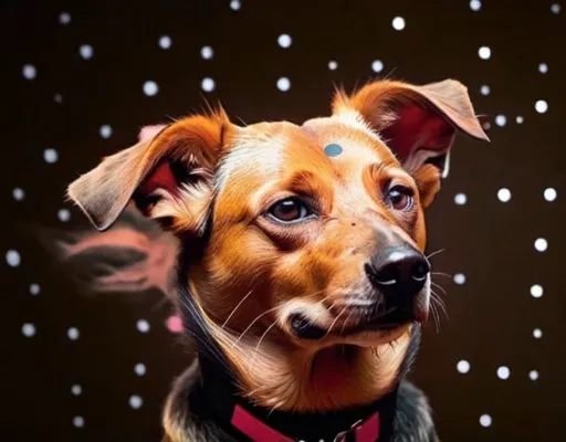 Prompt: full brown Dog Face centered looking into the camera, and pink polka dots background 