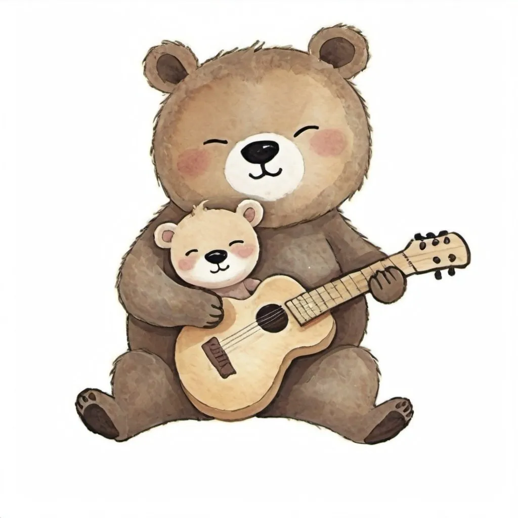 Prompt: a daddy bear and his baby playing a rock  guitar