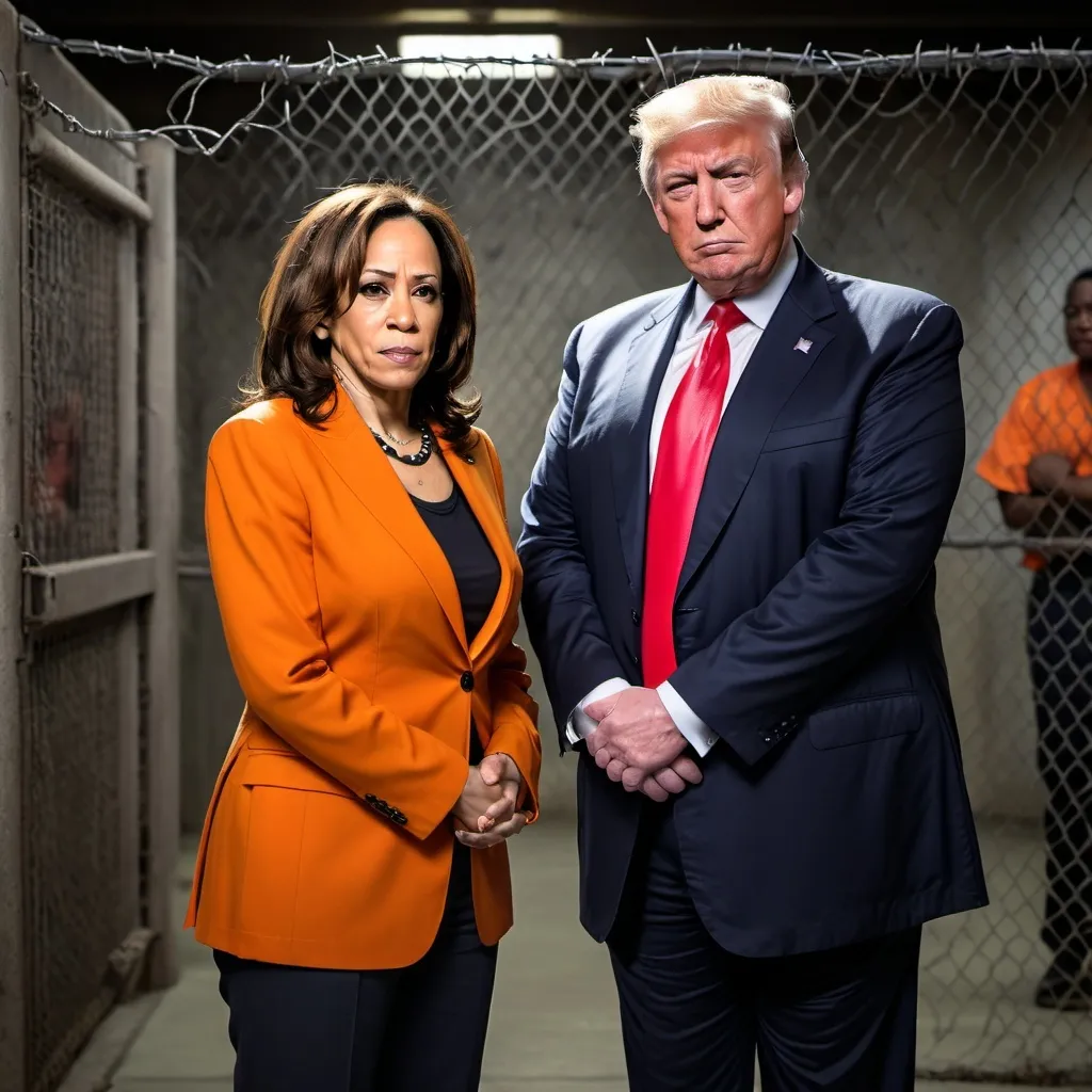 Prompt: Photographic image of Kamala Harris standing next to Donald Trump, facing the camera, in the style of Orange is the New Black.