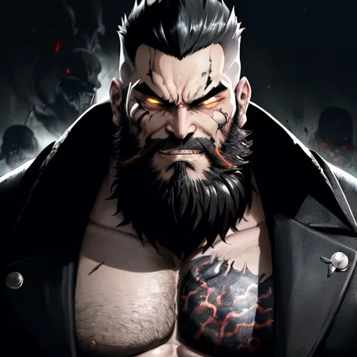 Prompt: (3D anime style image), a powerful man named (Wrath) with a thick beard wearing a (black jacket), his face transformed into a dark visage filled with (rage) and a (sad smile), infection emanating a mysterious (parasite), dramatic lighting emphasizing his features, dark atmosphere, illustrative details of the background highlighting power and struggle, perfect for a live wallpaper, ultra-detailed, high resolution.