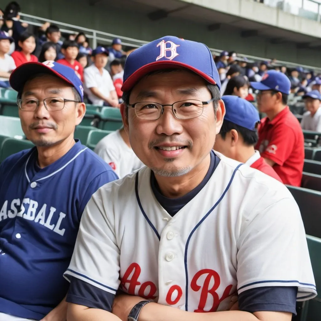 Prompt: Asian baseball Team big fan, male, 46years, baby face, having a son