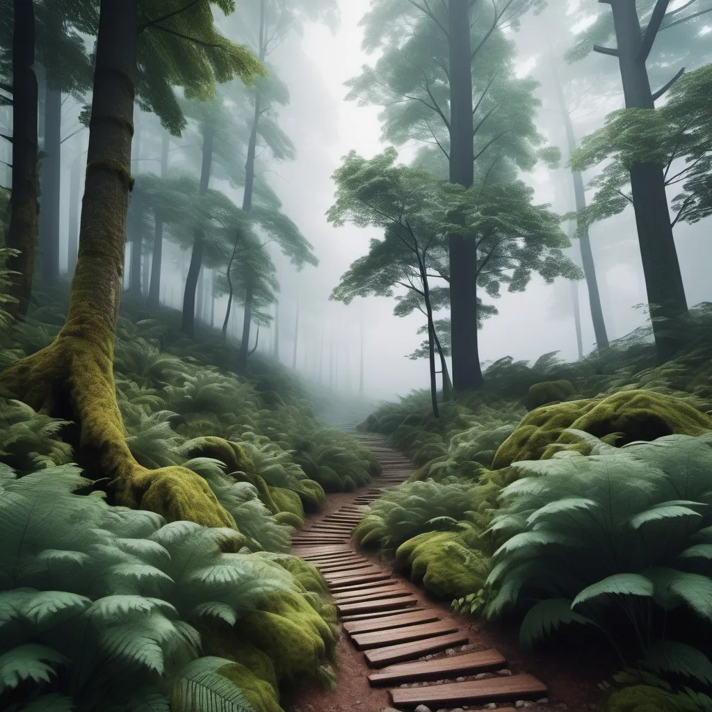 Prompt: Generate images of diverse landscapes and tourist destinations. Include a dense, misty forest with towering trees and a serene path winding through