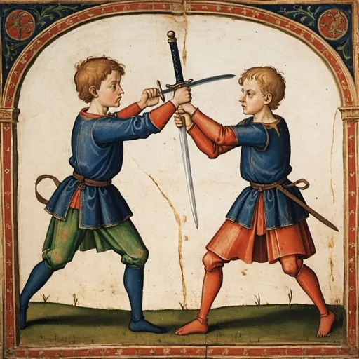 Prompt: a medieval painting of two young noble boys fighting with one short sword in each of their hands