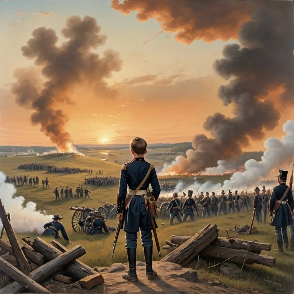 Prompt: a 19th century painting of an american boy standing on a hill at sunset and gazing over a civil war battlefield. there is smoke in the air. yankees are charging towards the sunset at confederates. there are canons and wounded soldiers lying in the mud. there is a church in the distance and rubble.