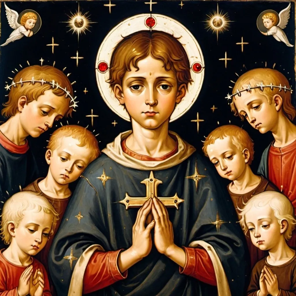 Prompt: a medieval painting of a young noble boy with a halo around his head. stars and planetary spheres surround him. he is holding up his hands that have wounds and are bleeding. behind him is a cross. below. saints and angels are praying around him. in his left hand he is holding a fiery heart