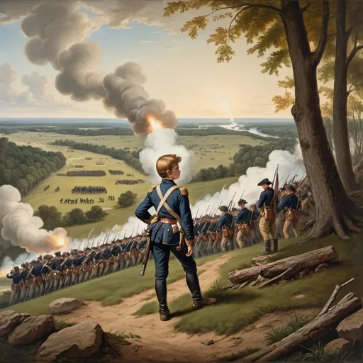 Prompt: 19th century baroque painting of an american boy standing on a hill and looking down at a civil war battlefield. yankee soldiers are charging a line of soldiers firing muskets.