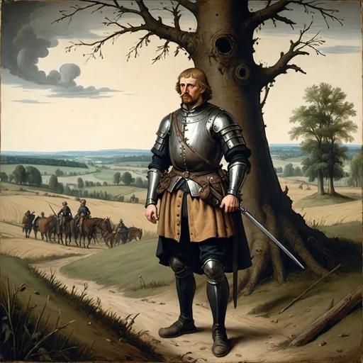 Prompt: a medieval painting set in the 16th century. a prussian mercenary wanders through the wartorn fields. he is downcast and heavy with sadness. a tree of hanging bandits stands. 