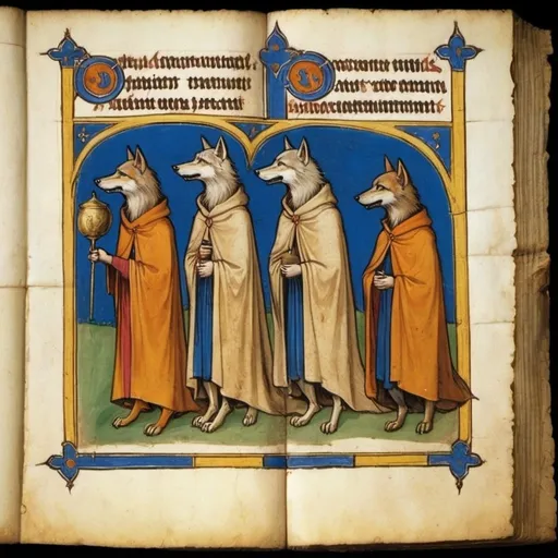 Prompt: medieval painting of wolves in monks' habits. early medieval. illuminated manuscript. weathered parchment.