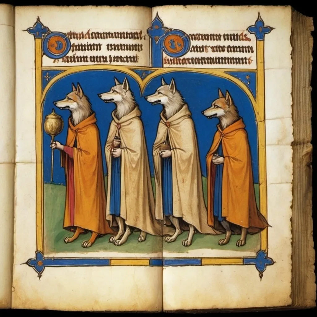 Prompt: medieval painting of wolves in monks' habits. early medieval. illuminated manuscript. weathered parchment.