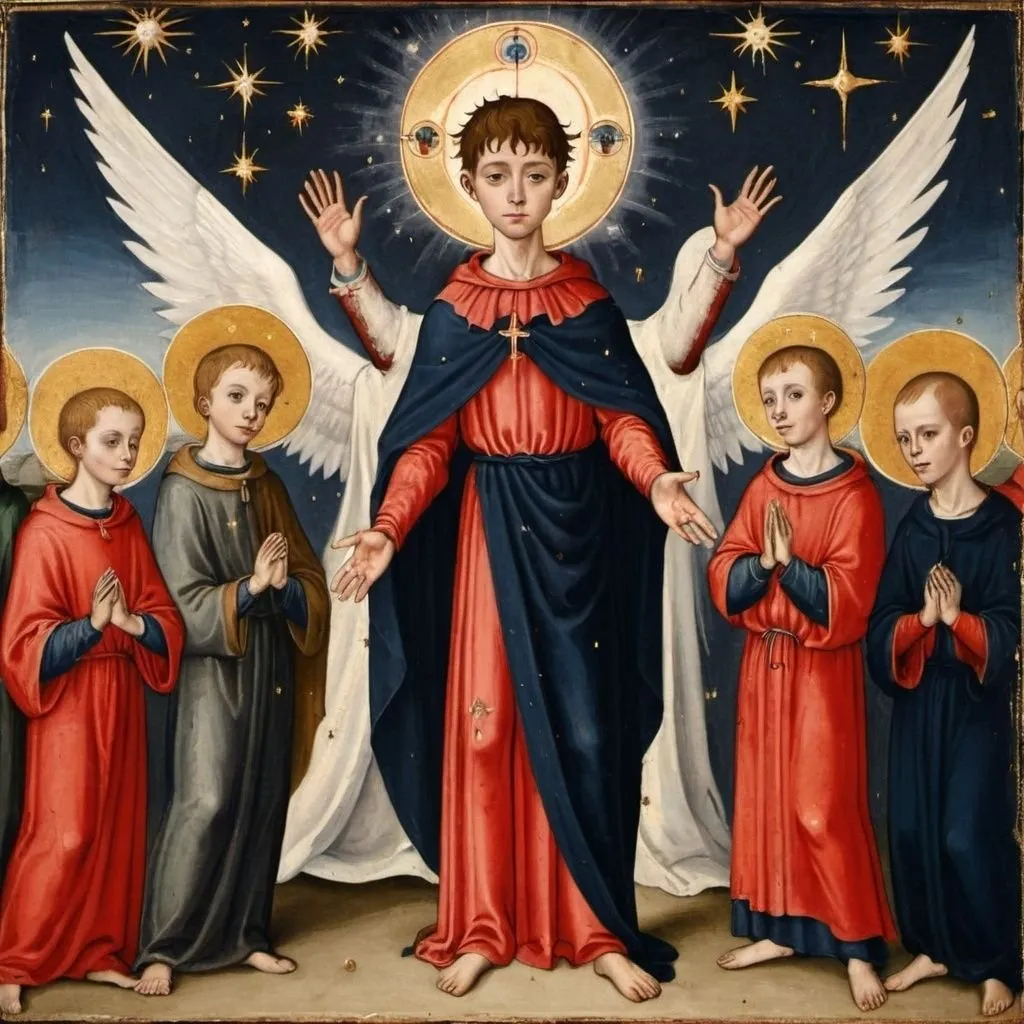 Prompt: a medieval painting of a young noble boy with a halo around his head. stars and planetary spheres surround him. he is holding up his hands that have wounds and are bleeding. behind him is a cross. below. on his left side are sinners being led into hell and on his right side are saints being led to heaven