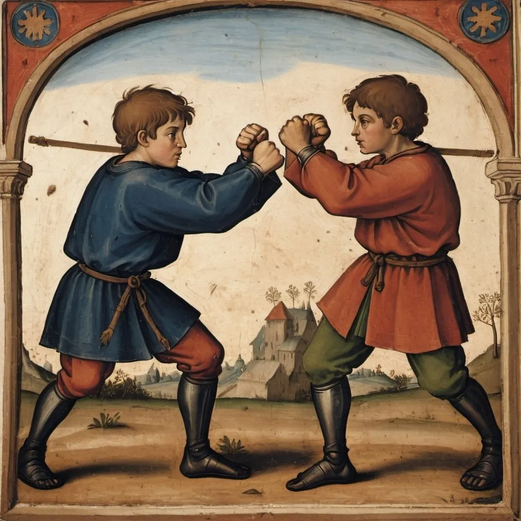 Prompt: a medieval painting of two young peasant boys fighting with their fists