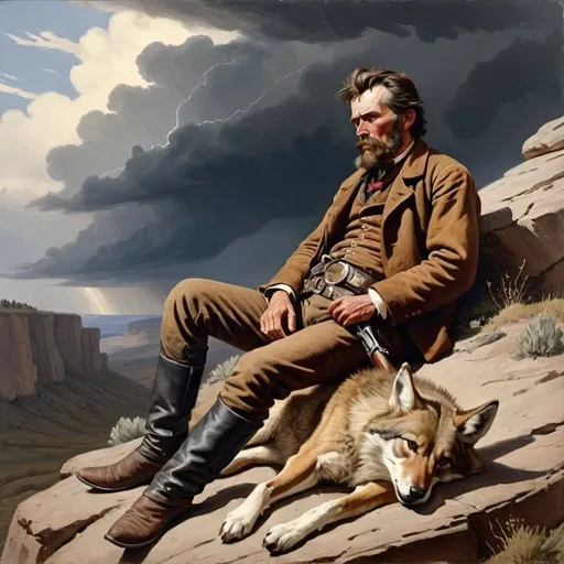 Prompt: a 19th century american painting of a young, old western outlaw lying on a cliff. he has tuberculosis. he has brown hair and a brown beard. a storm is coming in the background. a coyote lays nearby. the outlaw is tired