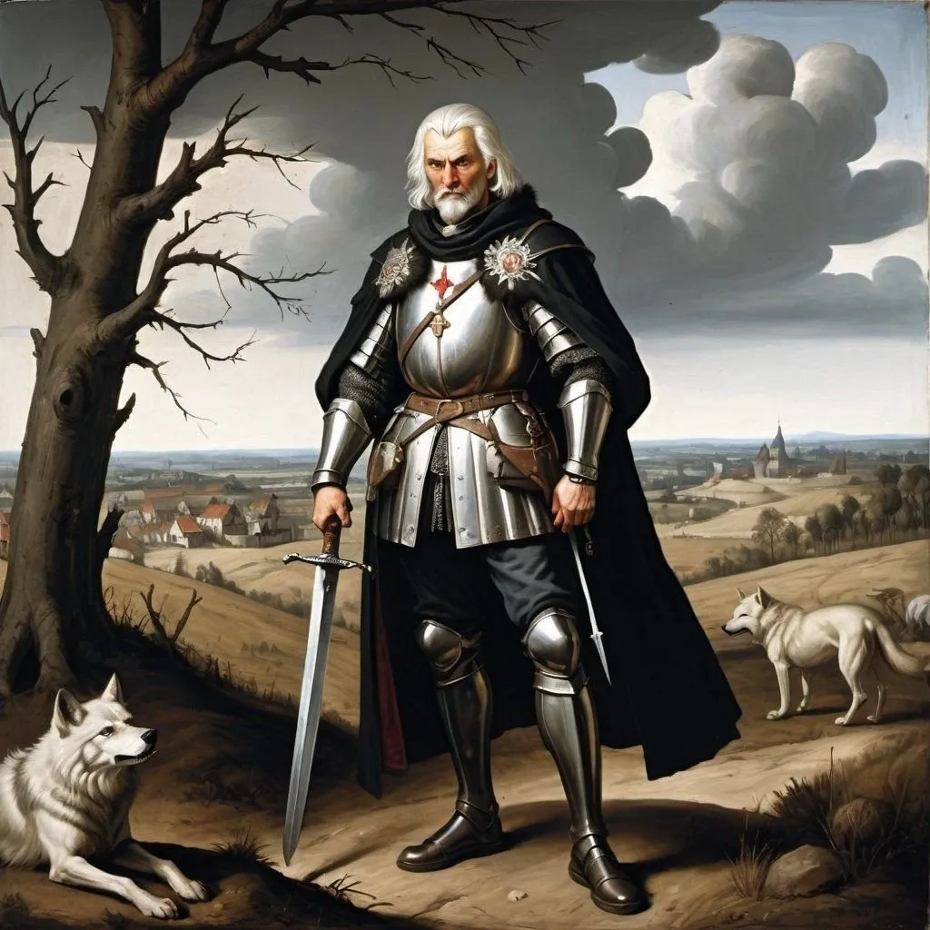 Prompt: a medieval painting set in the 16th century. a strong, white-haired polish mercenary stands posed with one silver sword, in his hand, pointed down. he wears a wolf medallion. in the background is a desolate peasant countryside with barren fields and withered trees. soldiers in black armor march.