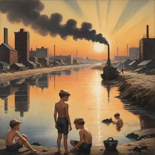 Prompt: a 20th century art deco painting of a boy on the beach of a river. he is facing the sunset looking forlorn. other boys swim and play in the water. boys are conversing. in the background is an industrial city. the area is dirty and there is smoke in the sky. there is darkness. somber.