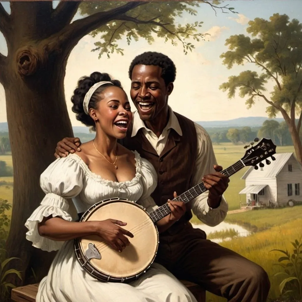 Prompt: a 19th century american painting of an african-american man singing merrily with a banjo on his knee. a beautiful woman stands beside him, watching him with a kind expression. she is smiling. the background is Louisiana countryside.