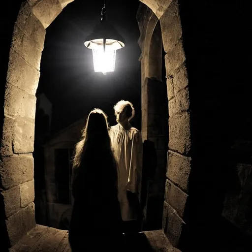 Prompt: Ghost of a young woman and a ghost of an old professor standing in a bell tower at night. Dark and Spooky. 