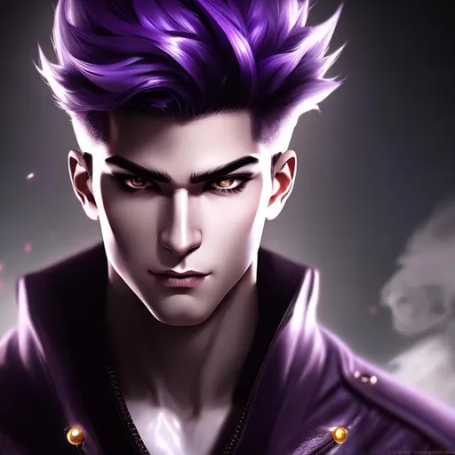 Prompt: Illustrated style, digital art, realistic, Attractive, young male, 20 years old, short pushed back white hair, grey purple eyes, serious expression, mysterious, smirking at camera, fangs, demon horns, muscular, fit, Confident. 