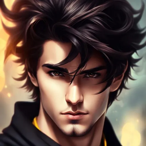 Prompt: Illustrated style, digital art, realistic, Attractive, young male, 24 years old, long black messy hair, hazel yellow eyes, serious expression, dark, mysterious, smirking at camera, demon horns, muscular, fit, 