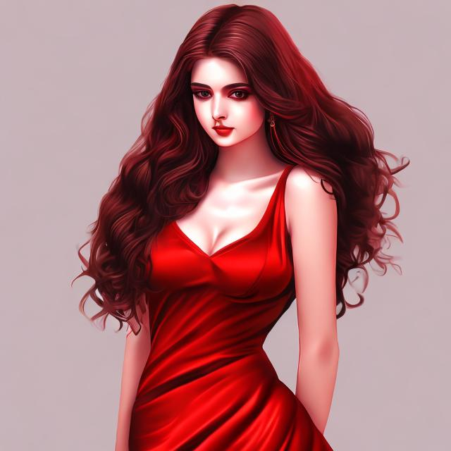 Prompt: Lustful young lady posing in red dress. Digital Art illustrated style. 