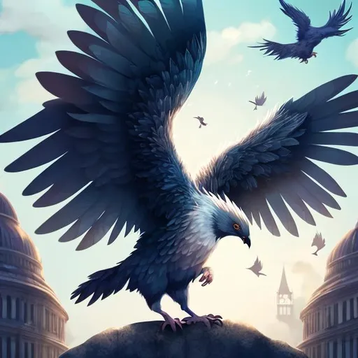 Prompt: illustrated digital art, rat, pigeon, griffin, hybrid, magical, creature, friendly, cute, simple blurry background, from afar, full body, wings spread, furry, feathery, beak. 