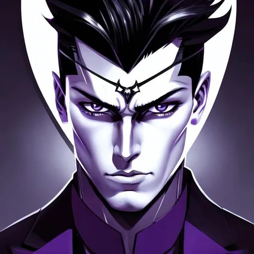 Prompt: illustrated. digital art. portrait style. masculine, dark & mysterious looking. young man, demon, slicked back hair, silver short hair, purple eyes, angular, muscular, fit, smirking at camera. 