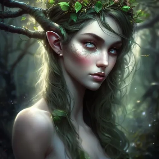 Prompt: A zoomed out portrait of a beautiful dryad, digital painting, trending on ArtStation, illustrated style, anime style, deviantart, Portrait of a fantasy nymph, stunning, concept art, pretty face, realistic shaded Perfect face, fine details, artstation, forest, elf ears, glassy eyes