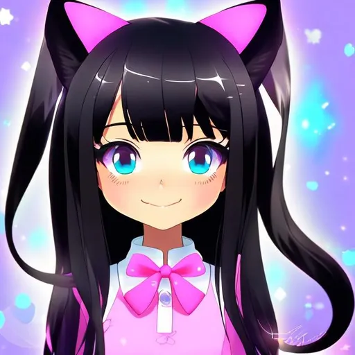 Prompt: Anime digital art style, Name: Naomi NekoHaus
Age: 21
Race: Neko Cat
Appearance: Black cat Neko girl with black ears and tail. Long black hair with a cutesy soft face. Bright Blue eyes. Wears her permanent collar installed when she became of age to become a pet. Wears whatever master prefers.