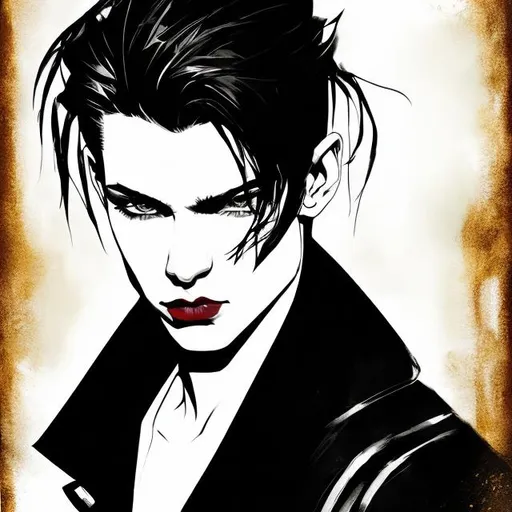 Prompt: illustrated. digital art. portrait style. masculine, dark & mysterious looking. young man, demon, long black hair, golden hazel eyes, handsome, fit but skinny, pierced ears, pierced lips, forked tongue.  