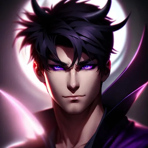 Prompt: Illustrated style, digital art, realistic, Attractive, young male, 20 years old, short pushed back SILVER hair, purple eyes, serious expression, mysterious, smirking at camera, fangs, demon horns, muscular, fit, Confident