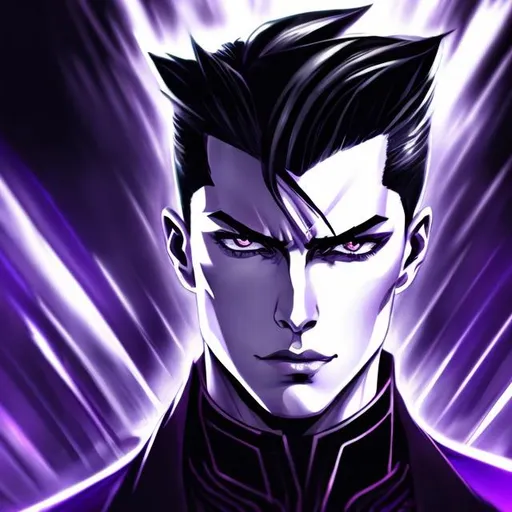 Prompt: illustrated. digital art. portrait style. masculine, dark & mysterious looking. young man, 20 years old, demon, slicked back hair, silver short hair, purple eyes, angular, muscular, fit, smirking at camera. 