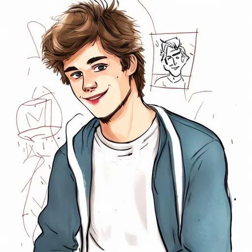 Prompt: handsome 21 year old frat boy with messy hair and a charming smirk illustrated style