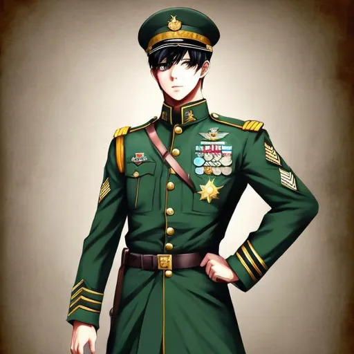 Prompt: anime digital art style, attractive young gentleman, wearing military uniform, full body shot, buff, looking at viewer