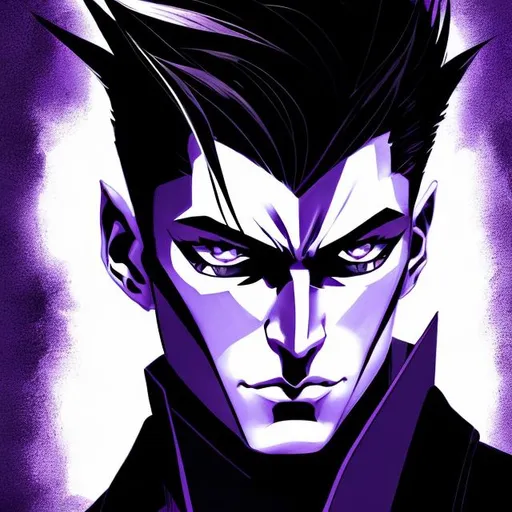 Prompt: illustrated. digital art. portrait style. masculine, dark & mysterious looking. young man, demon, slicked back hair, silver short hair, purple eyes, angular, muscular, fit, smirking at camera. 