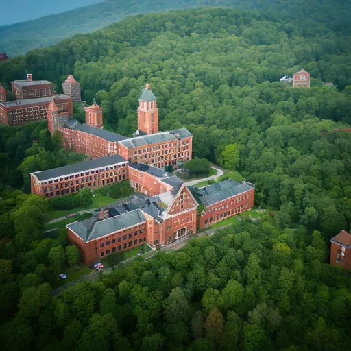 Prompt: birds eye view of an old brick University campus tucked into the rolling hills of the east coast forests and mountain. 