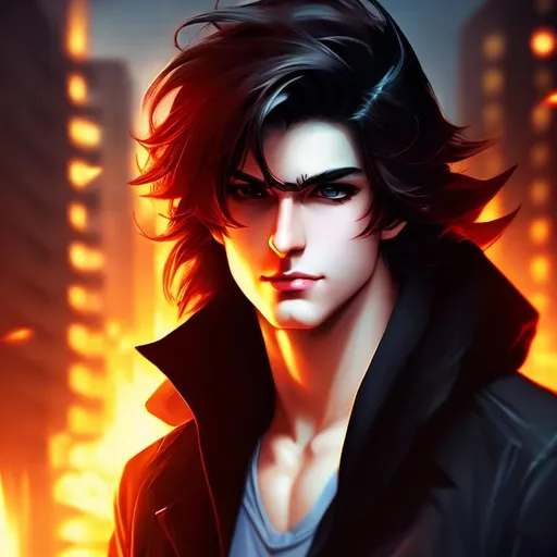 Prompt: Illustrated style, digital art, realistic, Attractive, young male, 24 years old, long shoulder-length black messy hair, hazel yellow eyes, serious expression, dark, mysterious, smirking at camera, fangs, demon horns, muscular, thin