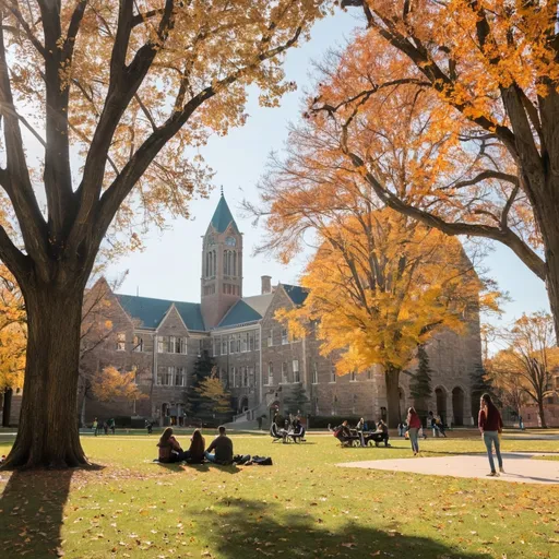 Prompt: Old University Quad with students hanging out. lots of trees. fall time. 