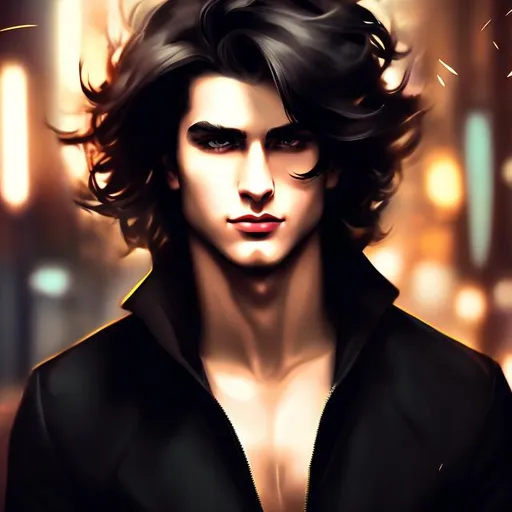 Prompt: Illustrated style, digital art, realistic, Attractive, young male, 24 years old, long black messy hair, hazel yellow eyes, serious expression, dark, mysterious, smirking at camera, demon horns, muscular, fit, 