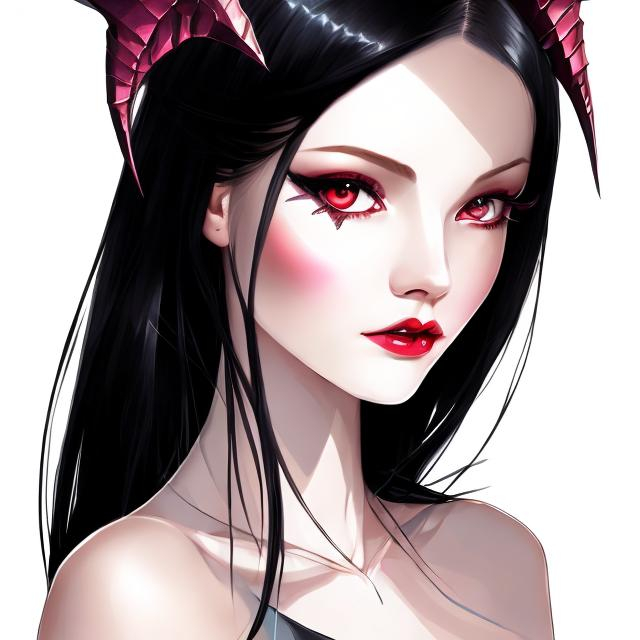 Prompt: illustrated. digital art. portrait style. feminine. attractive. Long Black hair. Silky. Lilith. Demon. Goddess. Darkness. Skinny. Angular. Horns. Judgmental. Smirking at camera. 