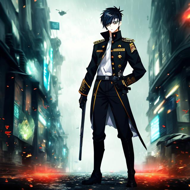 Prompt: anime digital art style, attractive fit young gentleman, wearing military outfit, full body shot, on battle field, looking at viewer