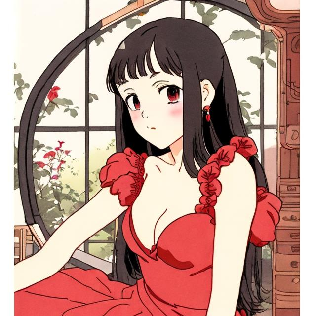 Prompt: Lustful young lady posing in red dress. Studio Ghibli illustrated style. 