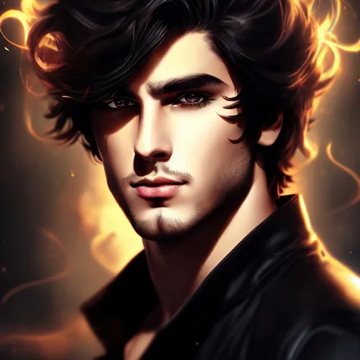 Prompt: Illustrated style, digital art, realistic, Attractive, young male, 24 years old, long black messy hair, hazel yellow eyes, serious expression, dark, mysterious, smirking at camera, demon horns, muscular, fit, 