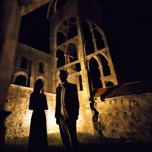 Prompt: Ghost of a young woman and a ghost of an old professor standing in a bell tower at night.