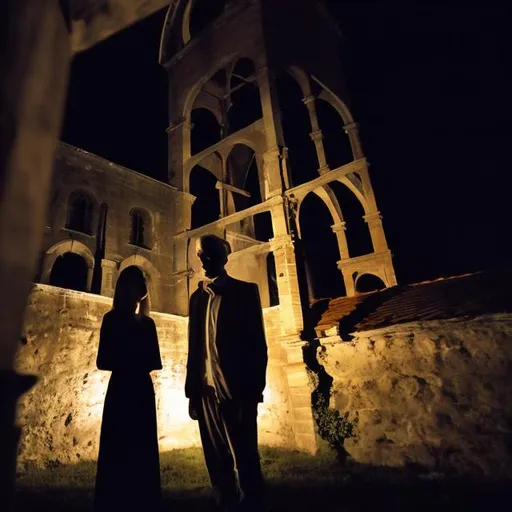 Prompt: Ghost of a young woman and a ghost of an old professor standing in a bell tower at night.
