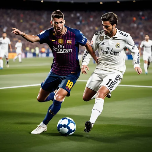 Prompt: Real madrid footbal player in front of FC Barcelona Football player , on a grass with the goal far away and a full grandstand on the back on the style of piccaso