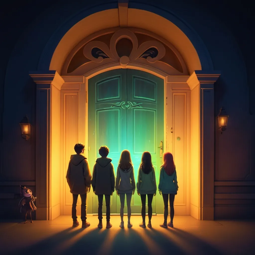 Prompt: The four friends standing in front of the glowing, mysterious door.