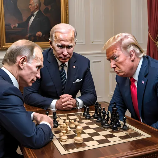 Prompt:  a cartoon where Putin is sitting at a chessboard, looking confident, with Biden and Trump on either side looking confused and frustrated? The chess pieces could be shaped like various global issues or geopolitical challenges, and Putin could be strategically moving them with a smirk on his face. This could play on the idea of Putin being a master strategist in global politics, while Biden and Trump are struggling to keep up.  Put biden and trump on one side of the chess board and putin on the opposite.  Make the image more cartoonish with humor.  Putin is smirking and trump and biden have dumb confused looks on their face