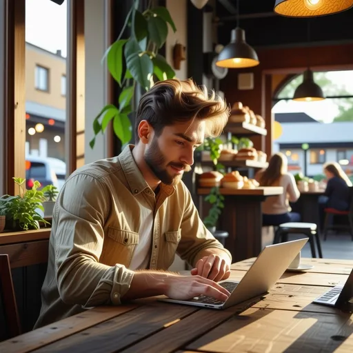 Prompt: A man working by his laptop in a cozy café, (focused expression), warm light filtering through large windows, rustic wooden tables, soft ambient atmosphere, subtle coffee aroma, patrons chatting in the background, artistic decor, delicate pastries on display, (highly detailed), inviting environment of productivity and relaxation.