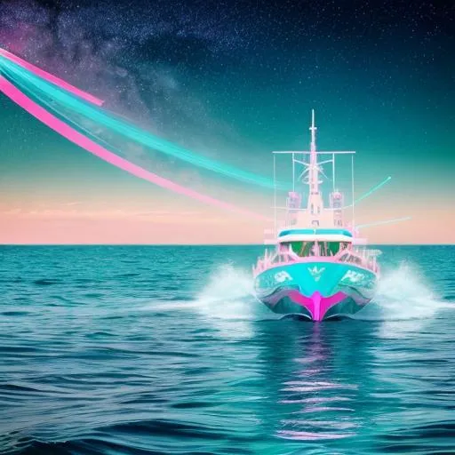 Prompt: In an ethereal echo of retrofuturism, a whimsically intricate vaporware-inspired temporal trawler emerges, adorned with neon-hued geometric patterns and cascading pink and turquoise hues. This vibrant cartoon image depicts a fantastical ship with a sleek, elongated shape and swirling vapor trails, seemingly defying the laws of physics. The surrealistic composition and vivid colors transport the viewer into a dreamlike realm, where nostalgia collides with futuristic fantasy.
