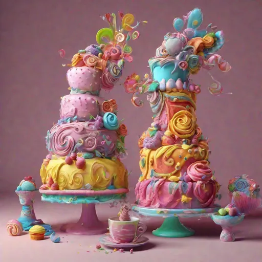 Prompt: 3D rendering of extravagant cake sculptures, vibrant and whimsical, high resolution, detailed frosting textures, surreal, colorful, larger than life, artistic, whimsical lighting, intricate details, high quality, 3D rendering, vibrant colors, whimsical, larger than life, detailed textures, surreal, artistic, intricate details, high-res, detailed, whimsical lighting